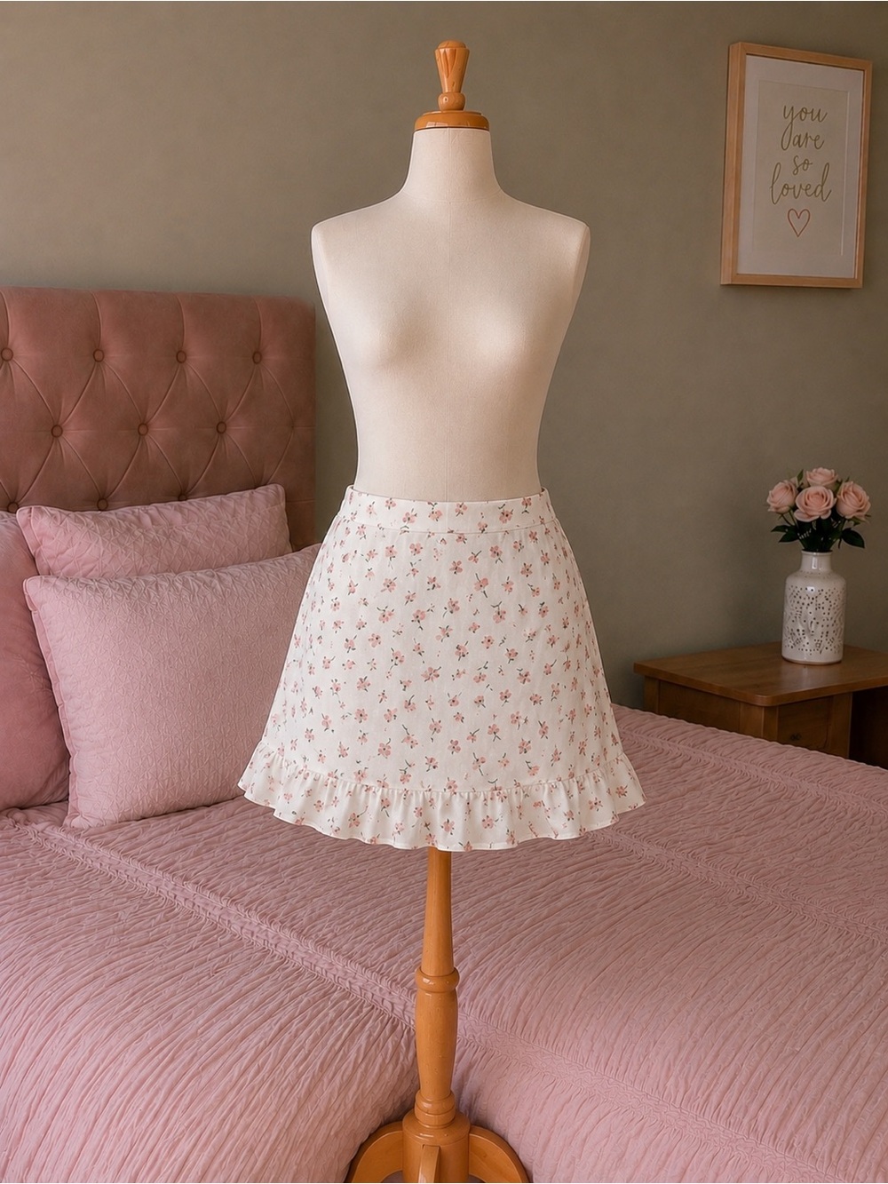 & Other Stories Cream Mini Skirt with Pink Floral Print